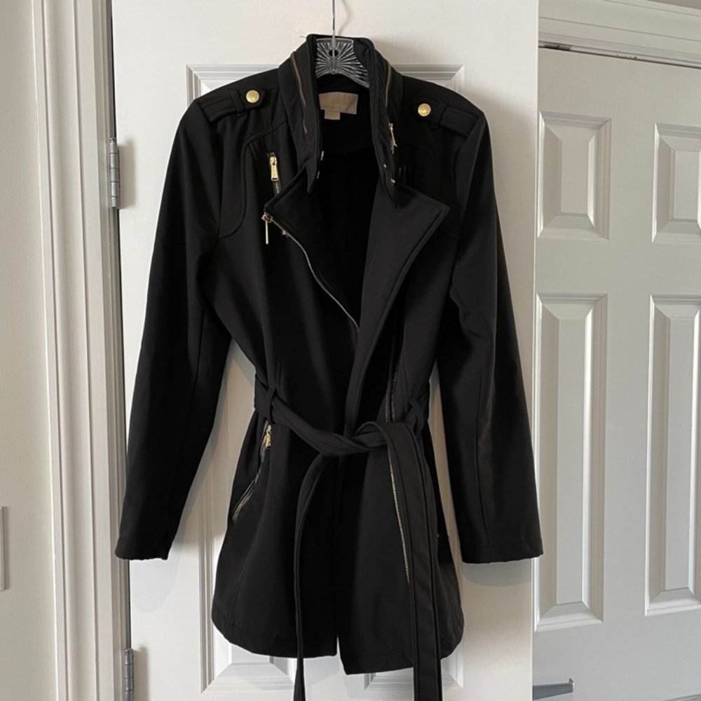 MICHAEL Michael Kors Asymmetrical Moto Trench Coat in Black Belted Jacke…